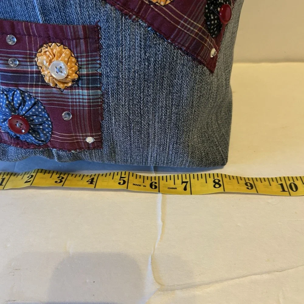 Handmade Denim Jean Bag Tote Purse Boho Upcycled Buttons Rhinestones Pearl‎
